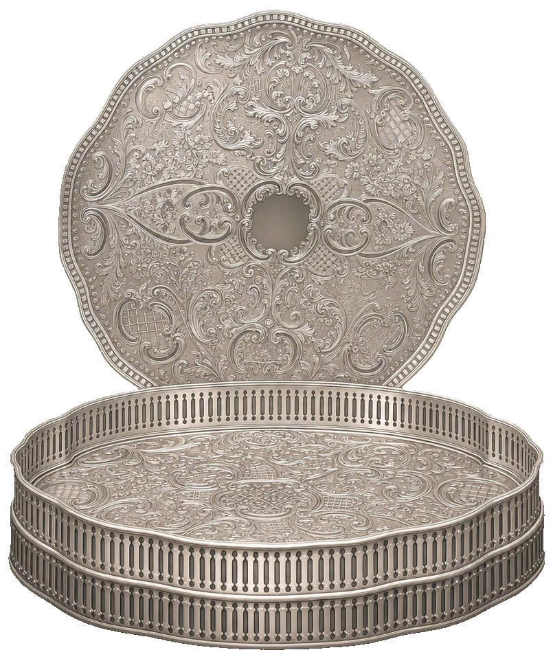 Silver salver illustrations with ornate decorative detail