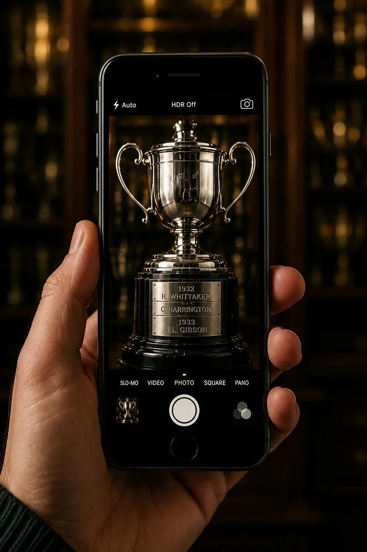 A person photographing a silver trophy with a mobile phone