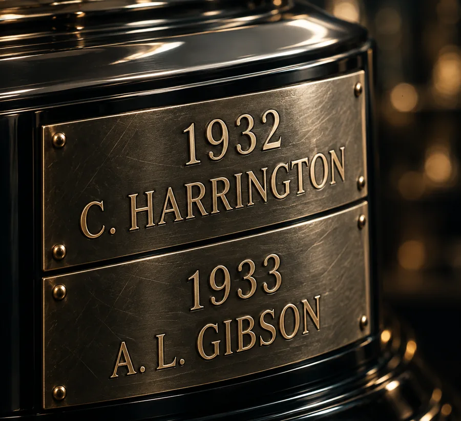 Close-up of trophy plates engraved with winners for 1932 and 1933